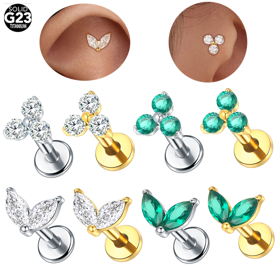 Flat Back Labret Stud - 1pc Titanium White Green Zircon Stud